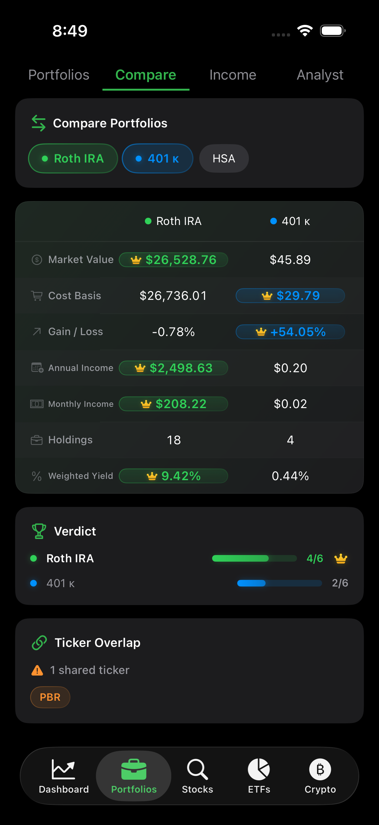 Side-by-side portfolio comparison