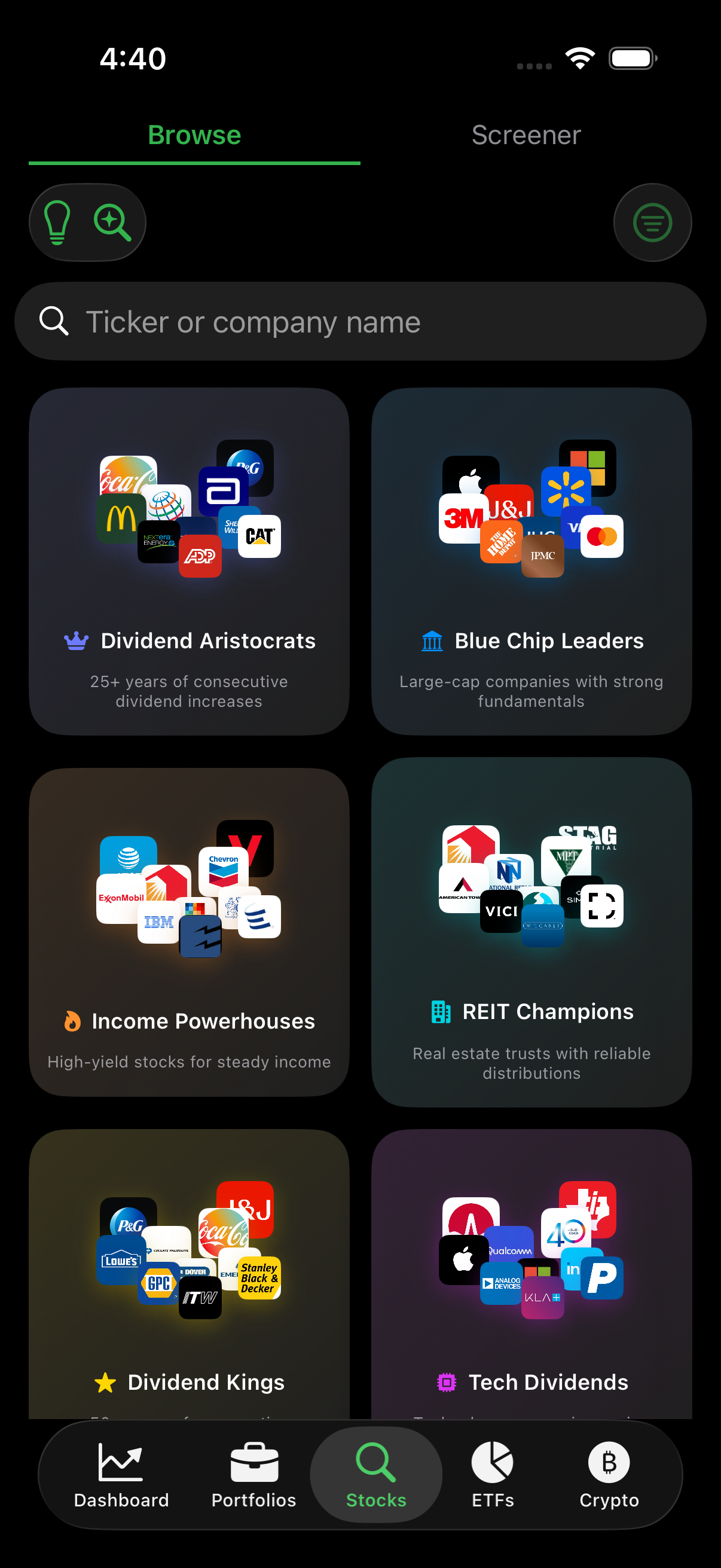 Stock browser with curated collections